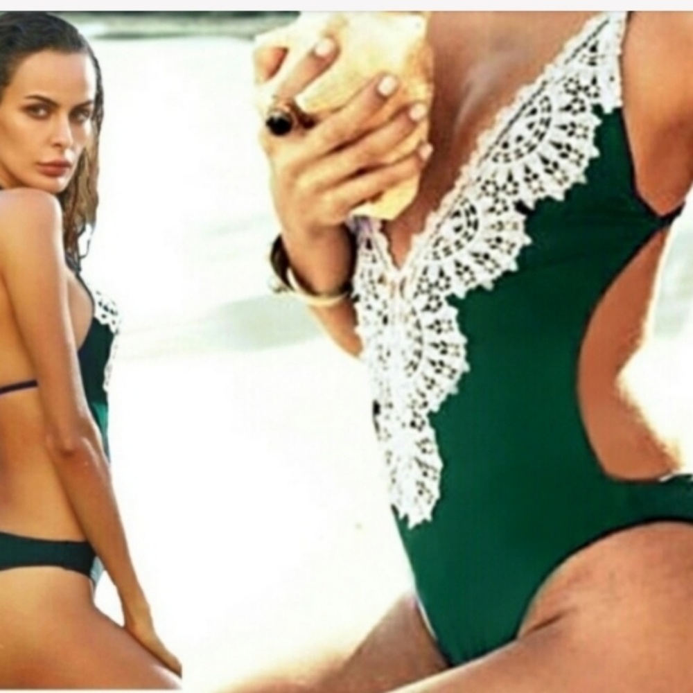 NEW EMERALD GREEN BATHING SUIT W/ WHITE LACE